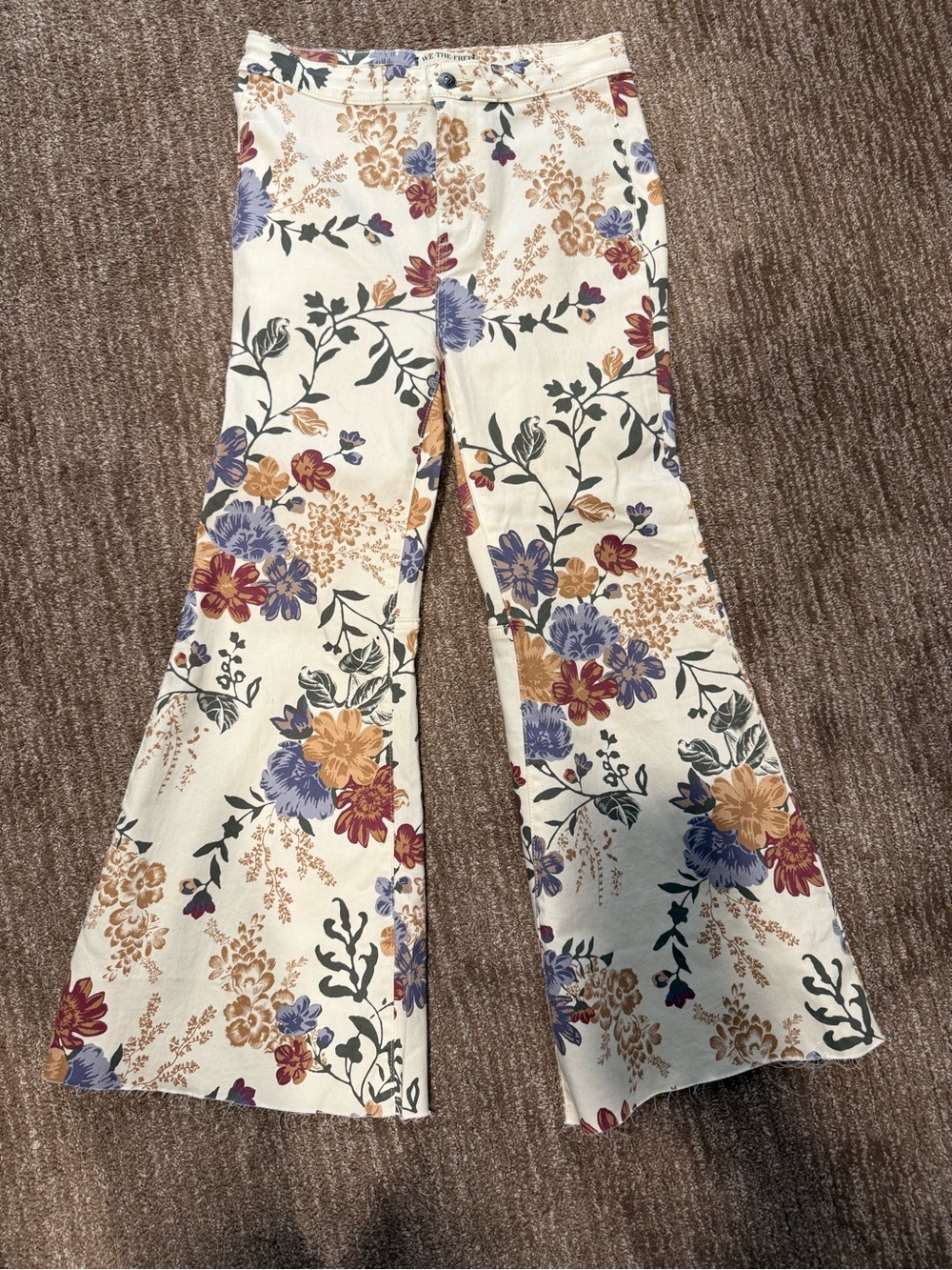We The Free Cream Floral Boot Cut Pants with Purple & Rust Blooms
